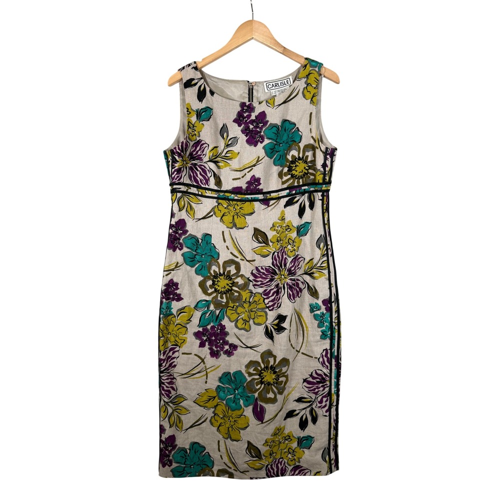 Carlisle Floral Linen Sheath Dress Size 12 Beige Sleeveless Knee Length Lined